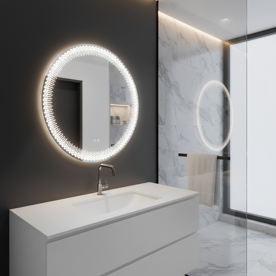 Nexos Specchio LED Rotondo, 60cm, 24W, Luce Calda/Fredda/Neutra, Sensore, Sistema Antiappannante, Orologio, Dimmerabile