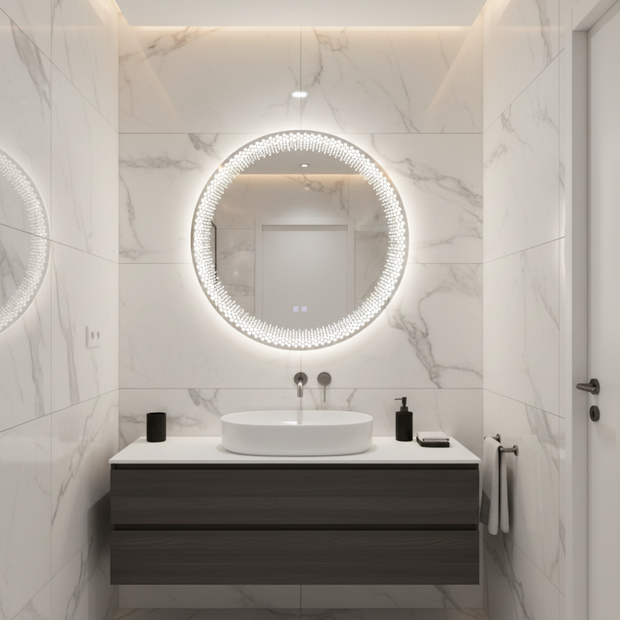 Nexos Specchio LED Rotondo, 60cm, 24W, Luce Calda/Fredda/Neutra, Sensore, Sistema Antiappannante, Orologio, Dimmerabile