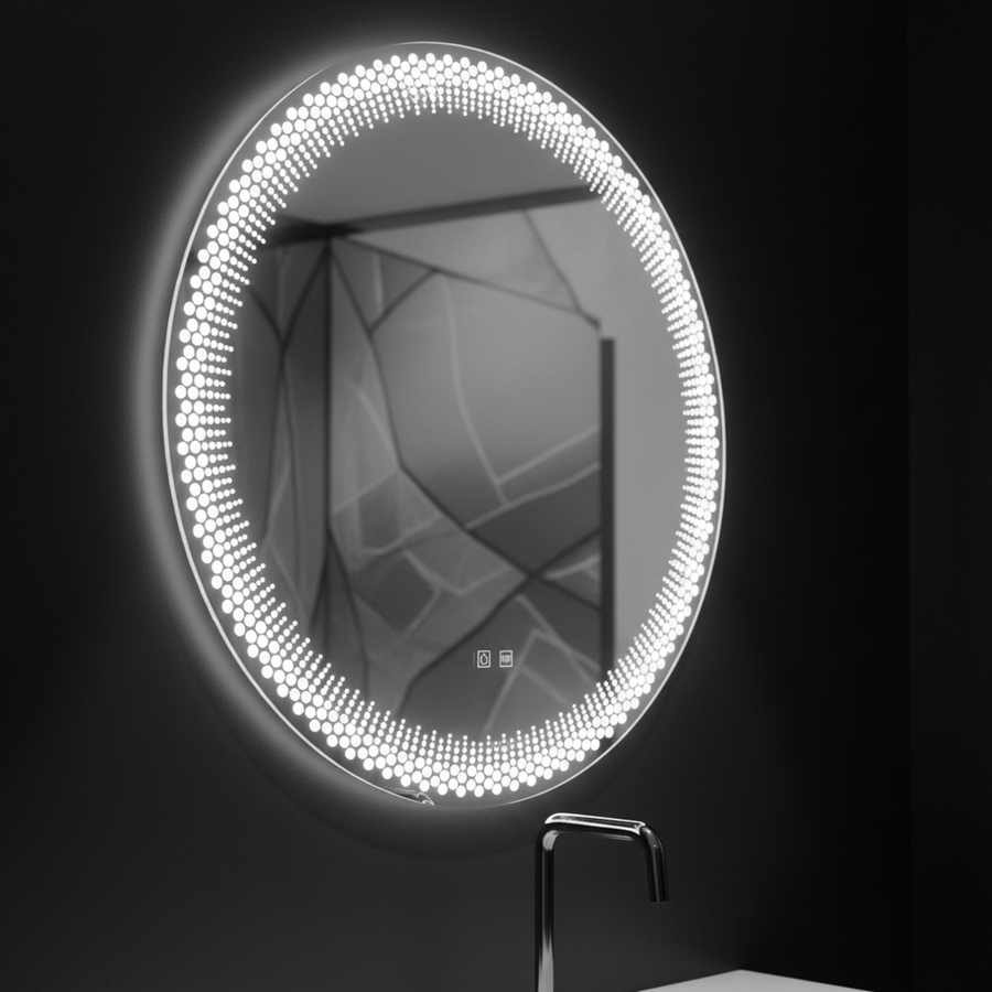 Nexos Specchio LED Rotondo, 60cm, 24W, Luce Calda/Fredda/Neutra, Sensore, Sistema Antiappannante, Orologio, Dimmerabile
