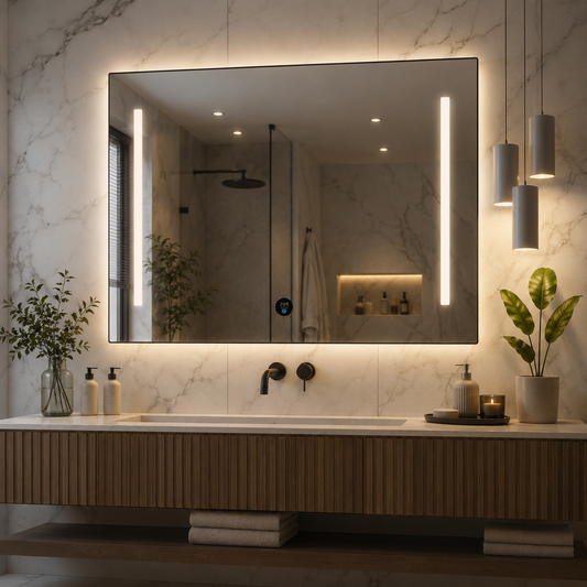 SLUPSK Specchio LED, 100x70 cm, Grigio, Interruttore rotativo intelligente con display RGB, CCT regolabile 3000K–6000K, Metallo, Funzioni orologio