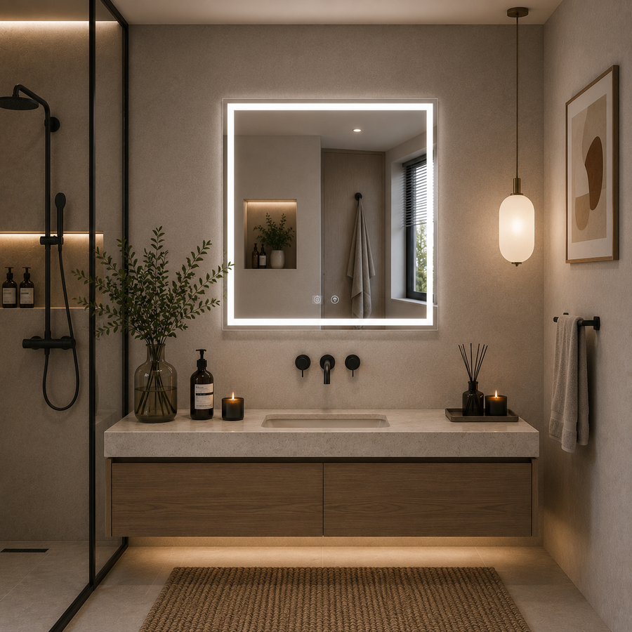 WAMOSK Specchio LED, 60x80cm, Bianco, Sensore, Luce 3000K, 4000K, 6000K, Sistema Demister, Metallo, Funzioni Orologio e Temperatura