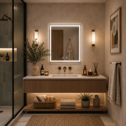 WAMOSK Specchio LED, 60x80cm, Bianco, Sensore, Luce 3000K, 4000K, 6000K, Sistema Demister, Metallo, Funzioni Orologio e Temperatura