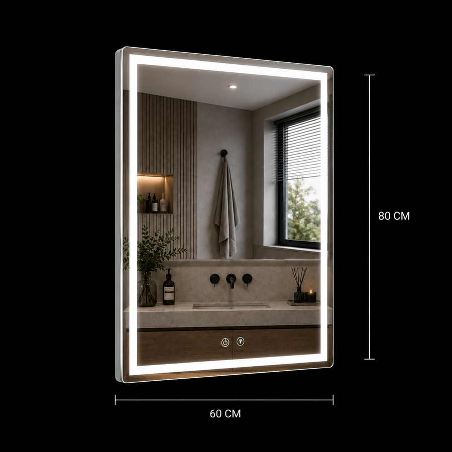 WAMOSK Specchio LED, 60x80cm, Bianco, Sensore, Luce 3000K, 4000K, 6000K, Sistema Demister, Metallo, Funzioni Orologio e Temperatura