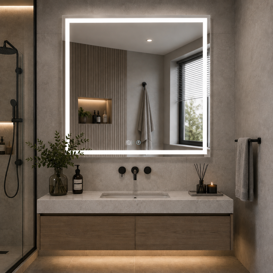 WAMOSK Specchio LED, 52W, 75x90cm, Bianco, Sensore, Luce 3000K, 4000K, 6000K, Sistema antiappannante, Metallo, Funzioni orologio e temperatura