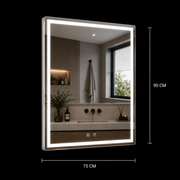 WAMOSK Specchio LED, 52W, 75x90cm, Bianco, Sensore, Luce 3000K, 4000K, 6000K, Sistema antiappannante, Metallo, Funzioni orologio e temperatura