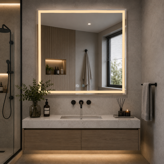 WAMOSK Specchio LED, 90x70cm, Oro, Sensore, Luce 3000K, 4000K, 6000K, Sistema Demister, Metallo, Funzioni Orologio e Temperatura