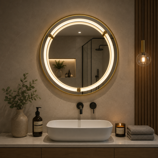 WARSA Specchio LED Rotondo, 60 cm, Oro Lucido, Sensore, Luce 4000K, Sistema Antiappannante, Metallo, Funzioni Orologio e Temperatura