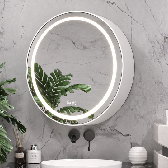 Specchio LED con armadietto, rotondo, 10W, 50x50cm, antiappannamento, cornice nera, spazio portaoggetti