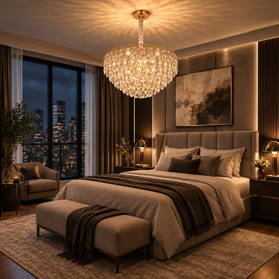 ERDENET Eleganza Lampadario Cristallo, 9xE14, Diametro 50 cm, Metallo e Cristallo, Oro Lucido, Altezza Regolabile