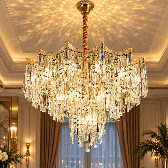 Candelabru Cristal VETRA Regalis 17xE14, D80 cm, Auriu, Inaltime Reglabila, Metal si Cristal