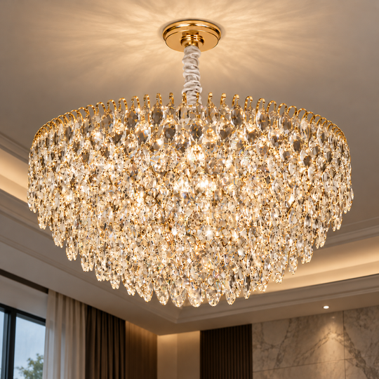 ERDENET Lampadario Magno Cristallo, 12xE14, Diametro 60 cm, Metallo e Cristallo, Oro Lucido, Altezza Regolabile