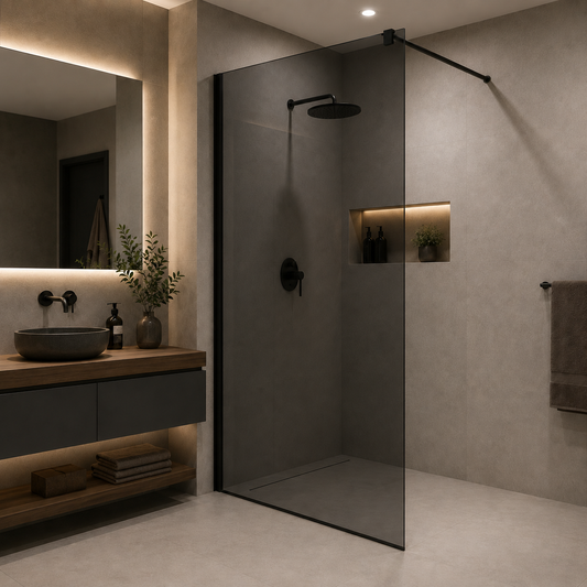 Parete doccia walk-in 100x195 cm, vetro temperato grigio 8 mm, profilo metallico resistente, nero