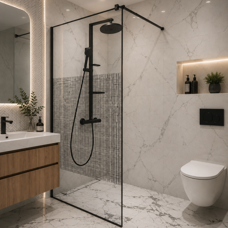 Parete doccia walk-in 100x195 cm, Vetro stampato, Sicuro, 8 mm, Profilo metallico resistente 4,5 mm, Nero