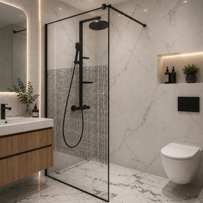 Parete doccia walk-in 100x195 cm, Vetro stampato, Sicuro, 8 mm, Profilo metallico resistente 4,5 mm, Nero