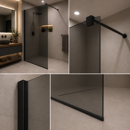 Parete doccia walk-in 80x195 cm, vetro temperato grigio 8 mm, profilo metallico resistente, nero