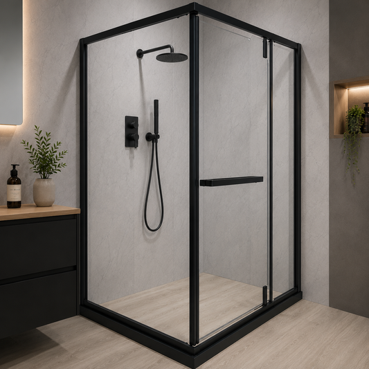 Paravan duș Walk-In 90x120x195 cm, sticlă securizată 7.6 mm, satin, profil metalic rezistent, Transparent si Negru