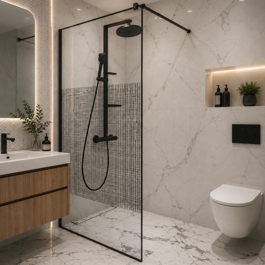 Parete doccia walk-in 90x195 cm, Vetro stampato, Sicuro, 8 mm, Profilo metallico resistente 4,5 mm, Nero