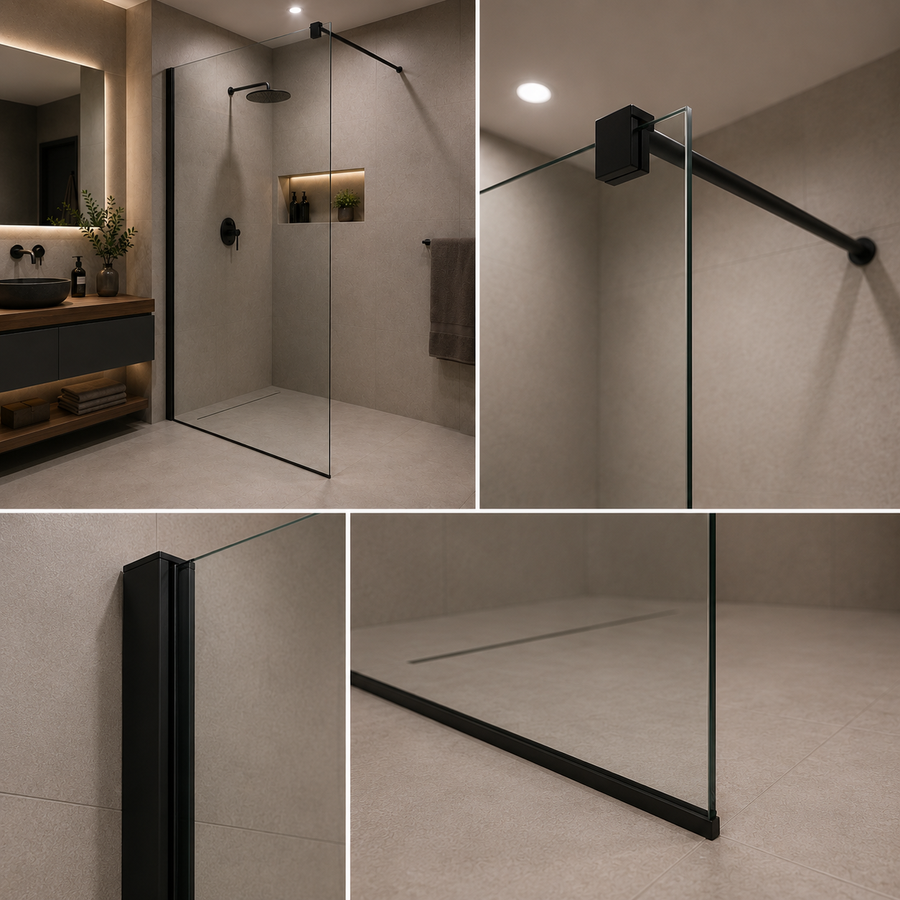 Parete doccia walk-in 90x195 cm, Vetro di sicurezza 8 mm, Profilo metallico resistente, Nero