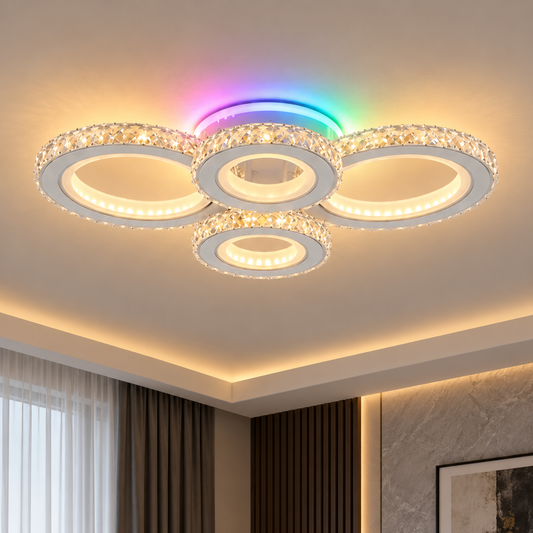 Plafoniera LED con telecomando e cristallo NOVA ROTONDA RGB 82W, 4 Cerchi, Luce Fredda/Calda/Neutra, Dimmerabile, Bianco