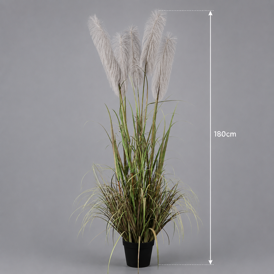 Pianta artificiale erba ornamentale, 180 cm, con 5 fili, canna ed erba, verde e grigio, senza vaso