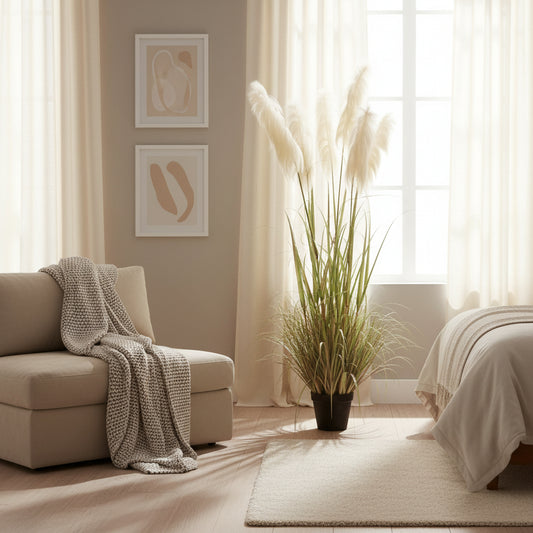 Pianta artificiale erba ornamentale, 180 cm, con 5 fili, canna ed erba, verde e rosa, senza vaso