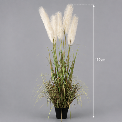 Pianta artificiale erba ornamentale, 180 cm, con 5 fili, canna ed erba, verde e rosa, senza vaso