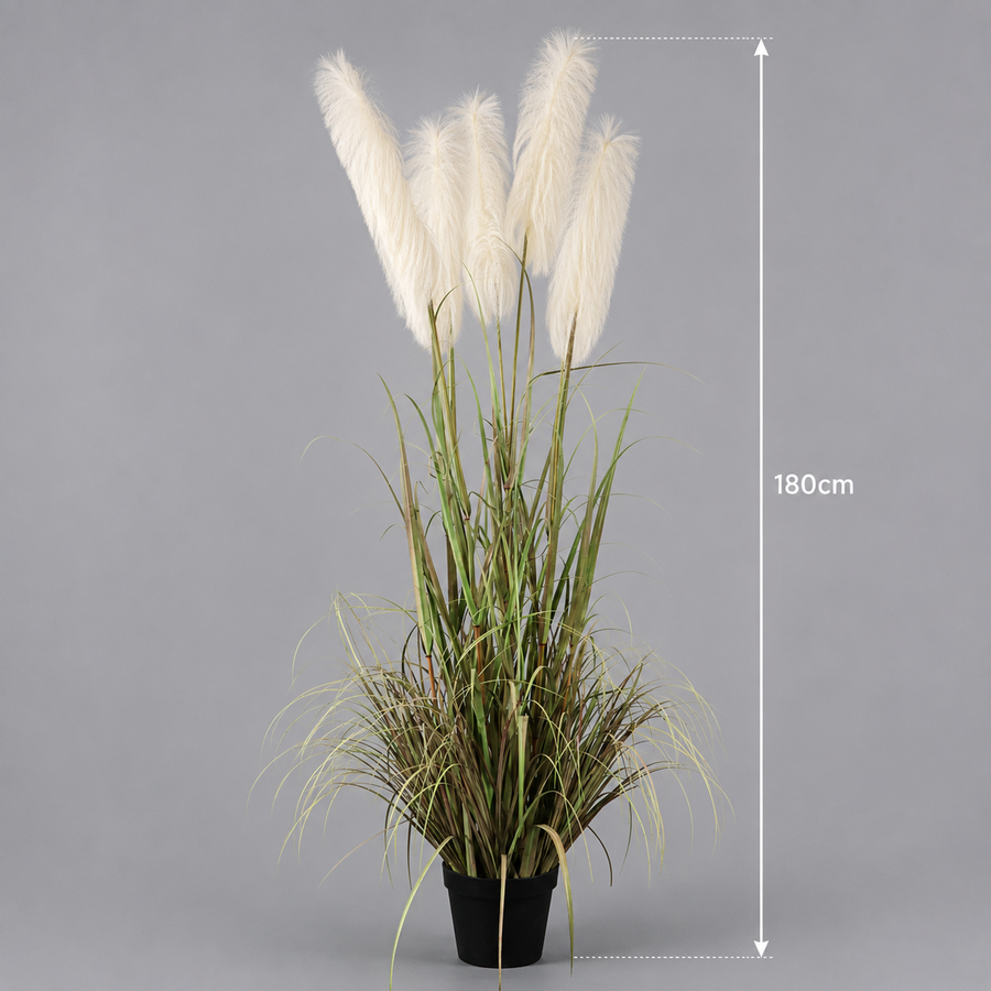 Pianta artificiale erba ornamentale, 180 cm, con 5 fili, canna ed erba, verde e rosa, senza vaso