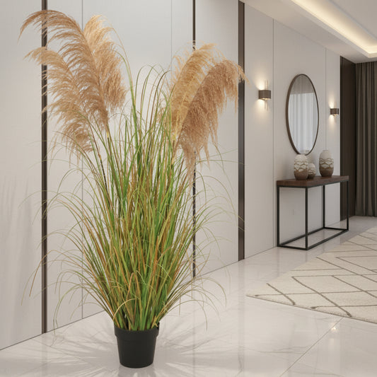 Erba ornamentale per piante artificiali, 170 cm, con 7 fili, canna ed erba, verde scuro, senza vaso