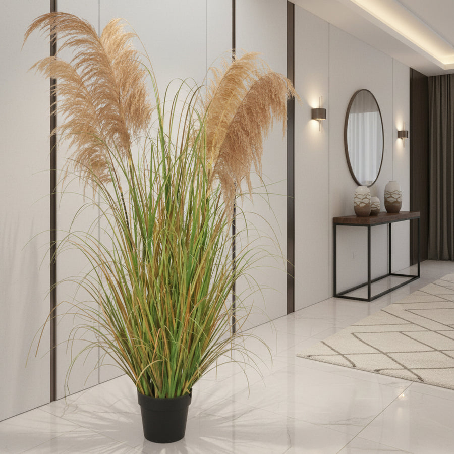 Erba ornamentale per piante artificiali, 170 cm, con 7 fili, canna ed erba, verde scuro, senza vaso