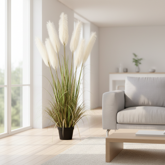 Erba ornamentale per piante artificiali, 220 cm, con 7 fili, canna ed erba, verde e bianco, senza vaso