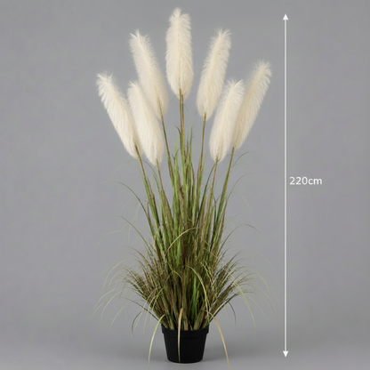 Erba ornamentale per piante artificiali, 220 cm, con 7 fili, canna ed erba, verde e bianco, senza vaso