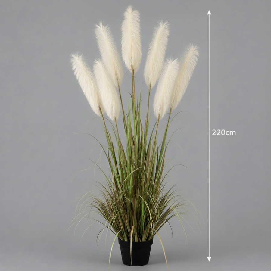 Erba ornamentale per piante artificiali, 220 cm, con 7 fili, canna ed erba, verde e bianco, senza vaso