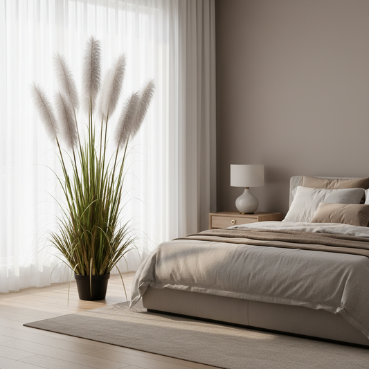 Erba ornamentale per piante artificiali, 220 cm, con 7 fili, Erba di canna sj, verde e grigia, senza vaso
