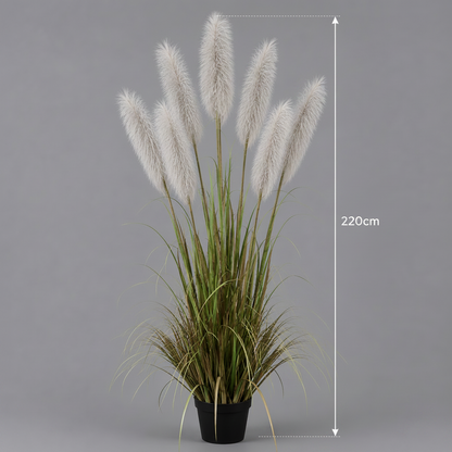 Erba ornamentale per piante artificiali, 220 cm, con 7 fili, Erba di canna sj, verde e grigia, senza vaso