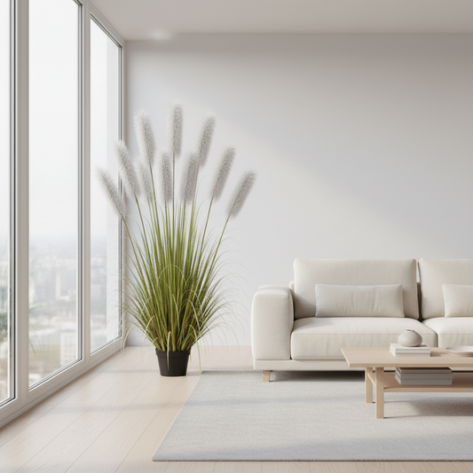 Erba ornamentale per piante artificiali, 240 cm, con 9 fili, canna ed erba, verde e grigio, senza vaso