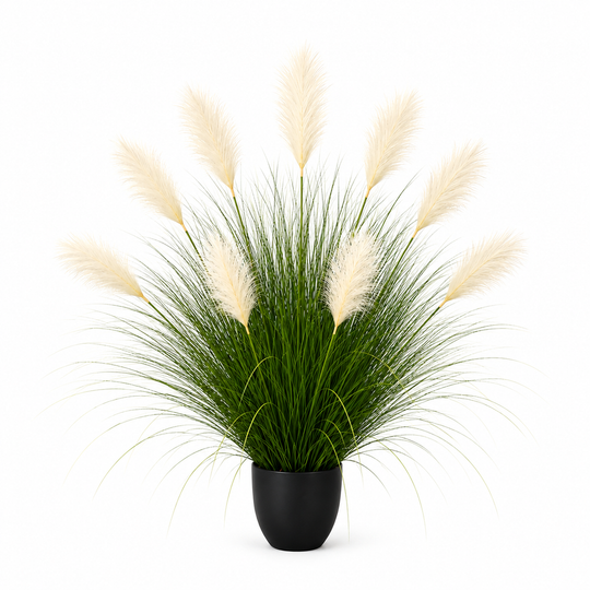Pianta erba ornamentale artificiale, 110 cm, 9 steli, canna ed erba, verde chiaro e bianco, senza vaso