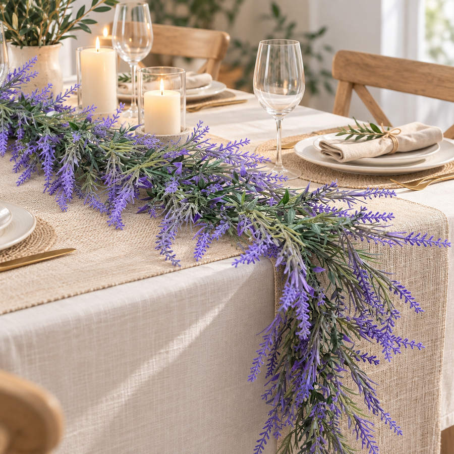 Planta Artificiala Ghirlanda Decorativa de Lavanda, Aspect Bogat, 185cm, 122 Ramificatii, Verde si Mov, Set de 2 Bucati