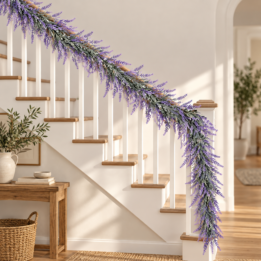 Planta Artificiala Ghirlanda Decorativa de Lavanda, Aspect Bogat, 185cm, 122 Ramificatii, Verde si Mov, Set de 2 Bucati