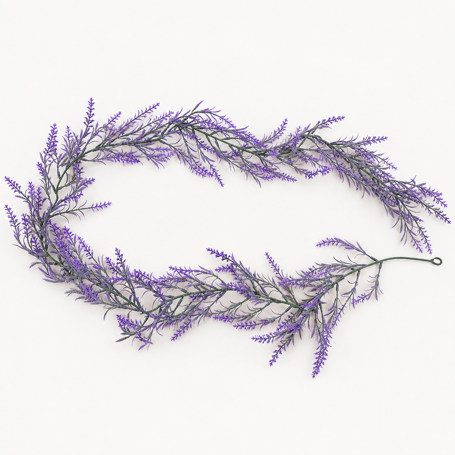 Planta Artificiala Ghirlanda Decorativa de Lavanda, Aspect Delicat, 185cm, 122 Ramificatii, Verde si Mov, Set de 2 Bucati