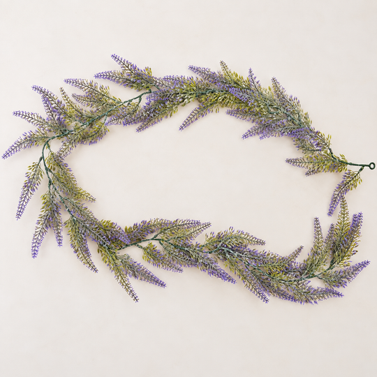 Planta Artificiala Ghirlanda Decorativa de Lavanda, Aspect Voluminos, 183cm, 72 Ramificatii, Verde si Mov, Set de 2 Bucati