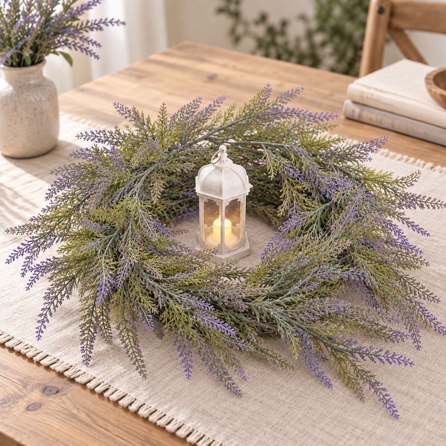 Ghirlanda decorativa di lavanda con piante artificiali, aspetto voluminoso, 183 cm, 72 rami, verde e viola, set da 2 pezzi