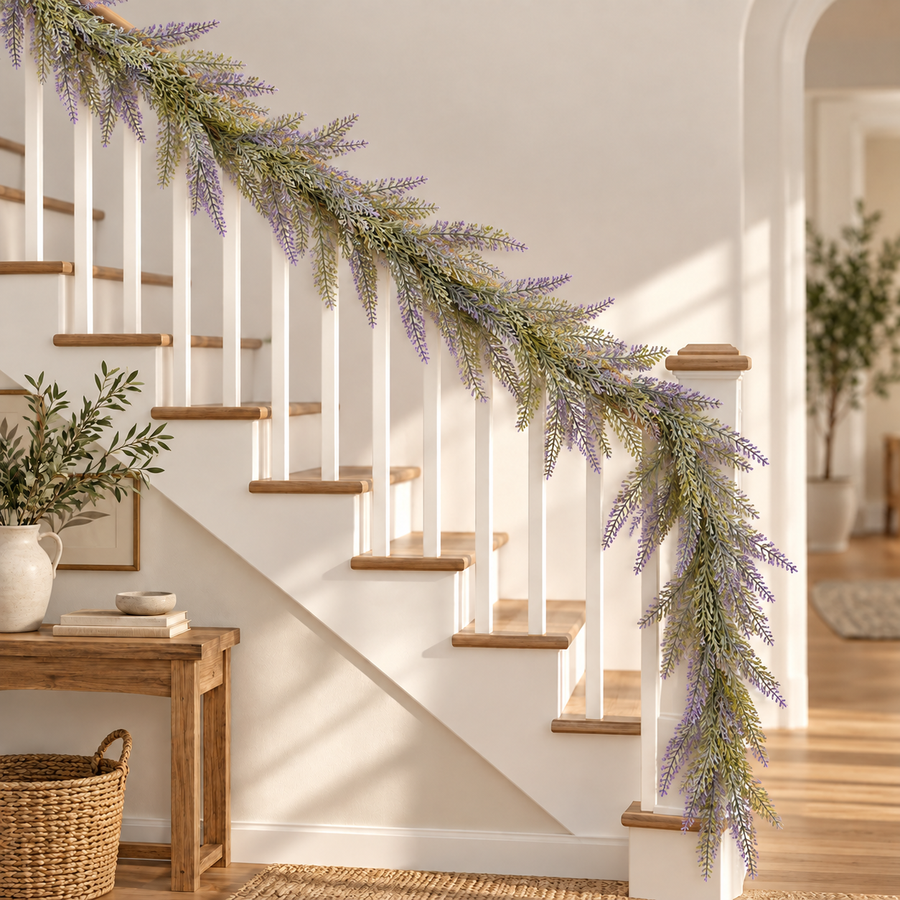 Ghirlanda decorativa di lavanda con piante artificiali, aspetto voluminoso, 183 cm, 72 rami, verde e viola, set da 2 pezzi