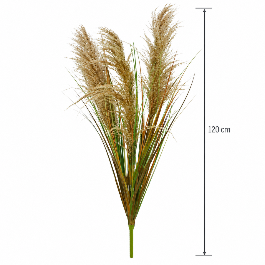 Planta Artificiala Iarba Ornamentala, 120 cm, cu 3 Fire, Stuf si Iarba, Verde Inchis si Maro, Fara Ghiveci
