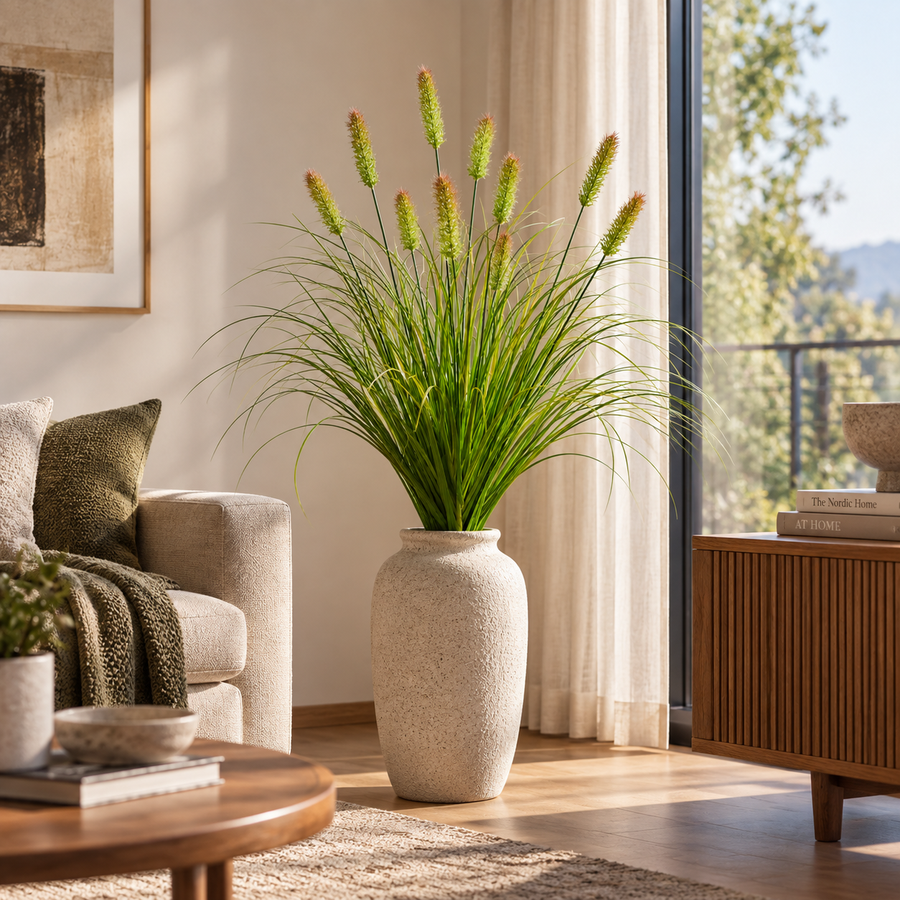 Planta Artificiala Iarba Ornamentala Tip Coada Vulpii, 100 cm, cu 12 Spice, Verde si Maro, Fara Ghiveci