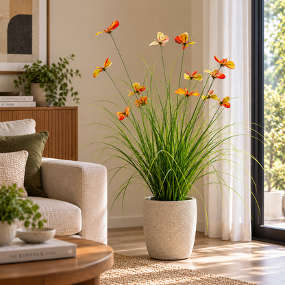 Pianta ornamentale artificiale in erba farfalla, 100 cm, con 13 fiori, verde e rosso, senza vaso