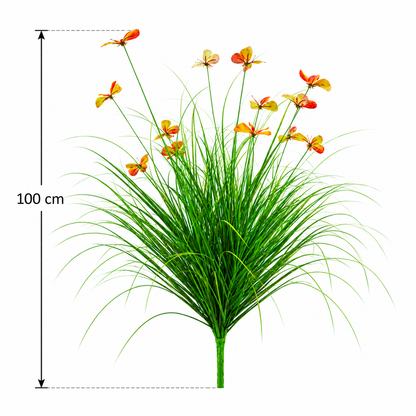 Pianta ornamentale artificiale in erba farfalla, 100 cm, con 13 fiori, verde e rosso, senza vaso