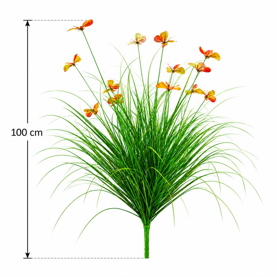 Pianta ornamentale artificiale in erba farfalla, 100 cm, con 13 fiori, verde e rosso, senza vaso