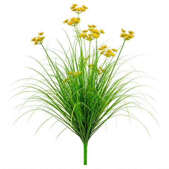 Pianta artificiale erba ornamentale tipo aneto, 80 cm, con 9 fiori, verdi e gialli, senza vaso