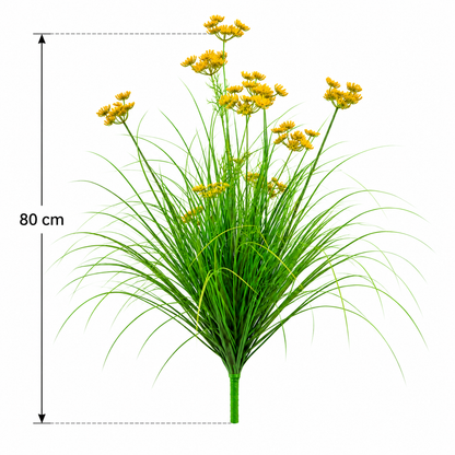 Pianta artificiale erba ornamentale tipo aneto, 80 cm, con 9 fiori, verdi e gialli, senza vaso