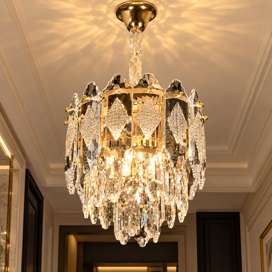 Lampadario Cristallo VELVET Petito, 3xE14, D30 cm, Oro, Altezza Regolabile, Metallo e Cristallo